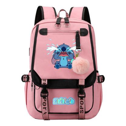 Interstellar Baby Stitch Usb Student Backpack With Casual Woven Strap Flap Backpack