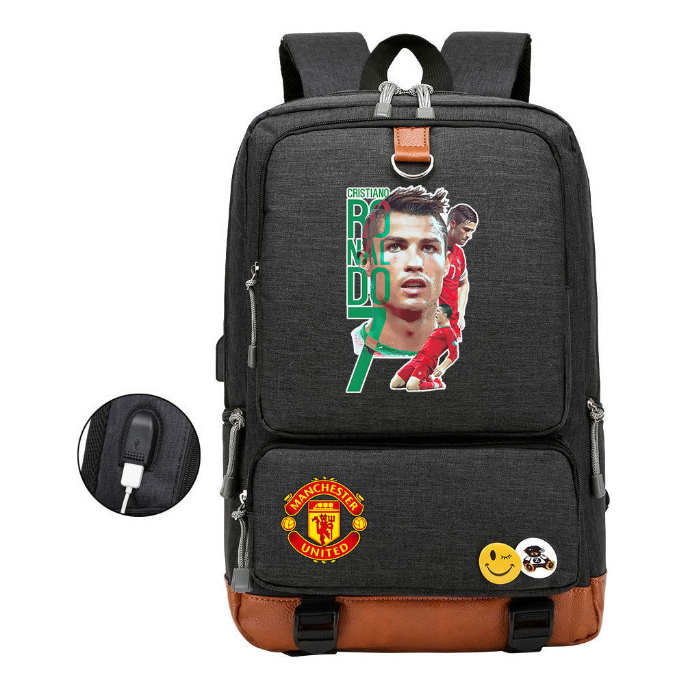 Football Star Cristiano Ronaldo Printed Usb Student Backpack For Leisure Travel Backpack