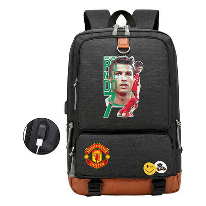 Football Star Cristiano Ronaldo Printed Usb Student Backpack For Leisure Travel Backpack