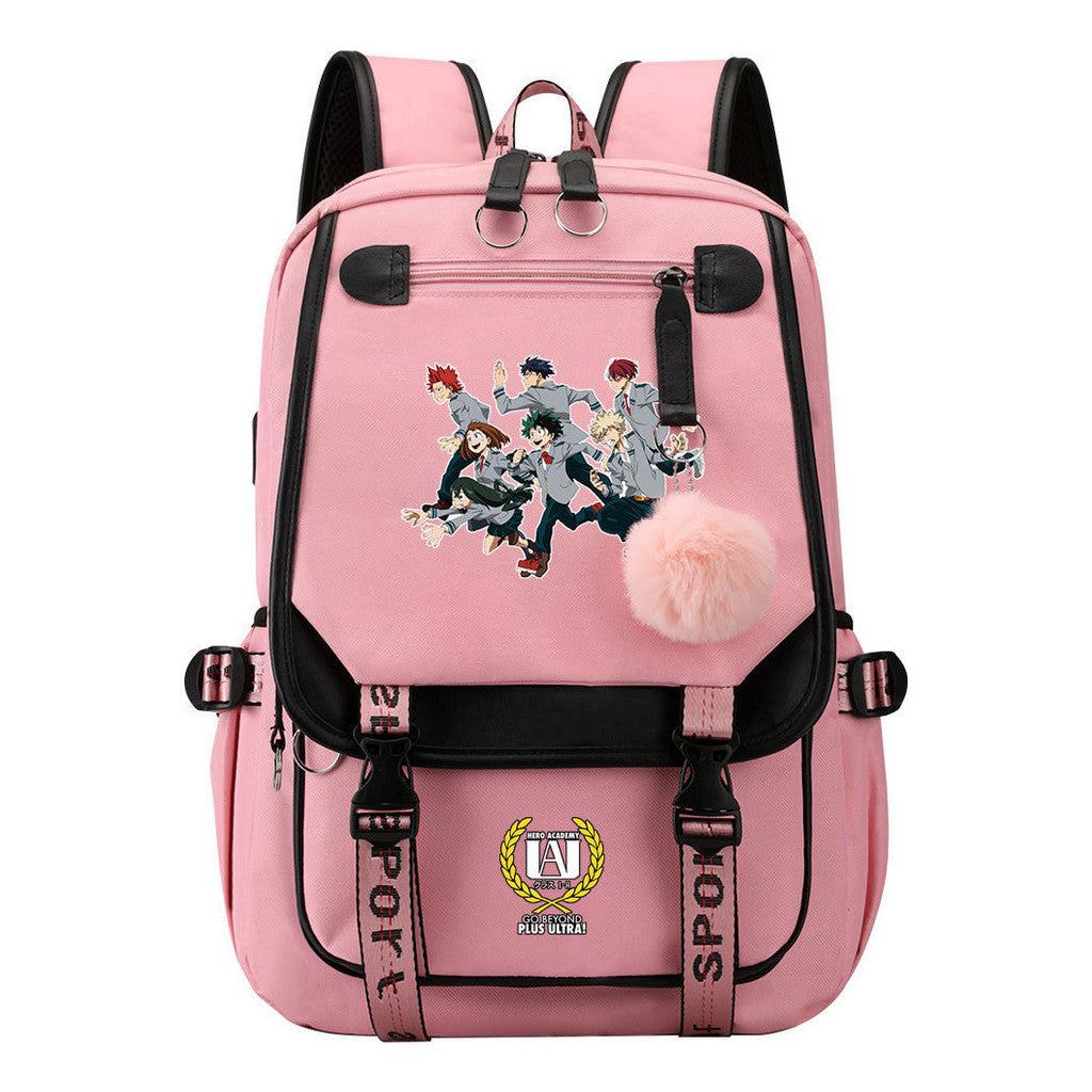 Comics My Heroes Academy Usb Student Backpack Casual Ribbon Flip Backpack