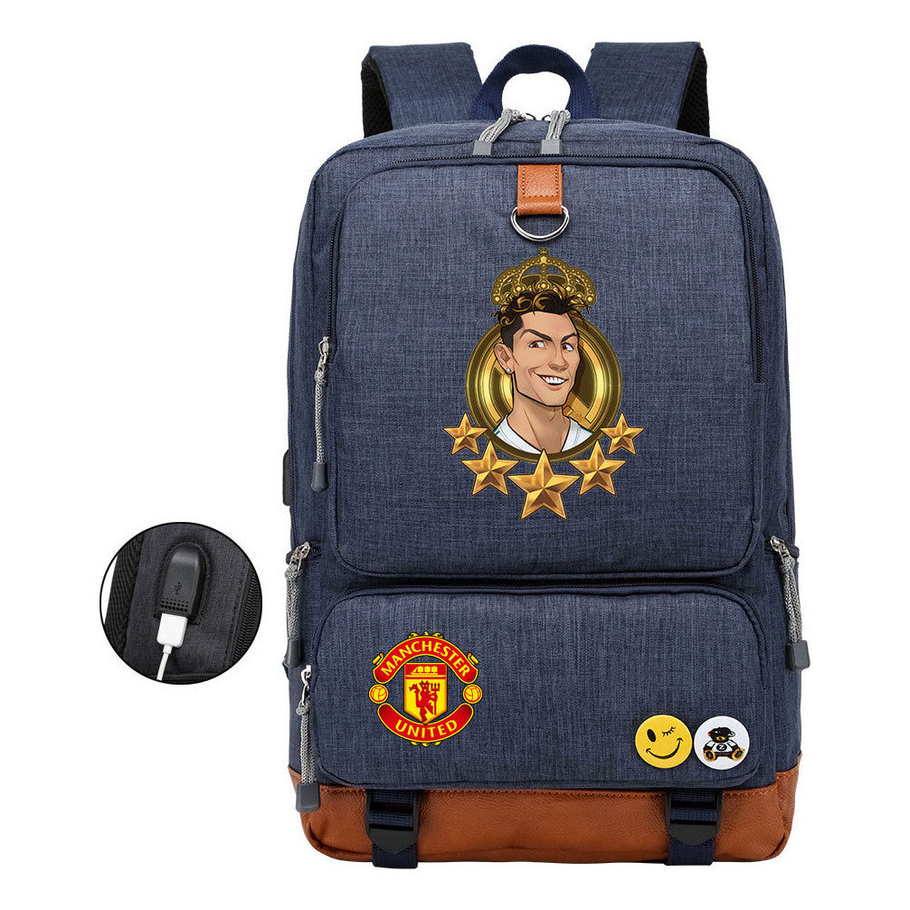 Football Star Cristiano Ronaldo Printed Usb Youth Backpack For Leisure Travel Backpack