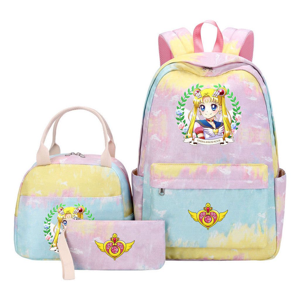 Anime Beauty Girl Warrior Student Girls School Bag Lunch Bag Three Piece Set Backpack Set