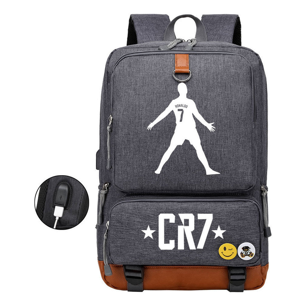 Football Star Cristiano Ronaldo Printed Usb Student Backpack For Boys And Girls Leisure Travel Backpack