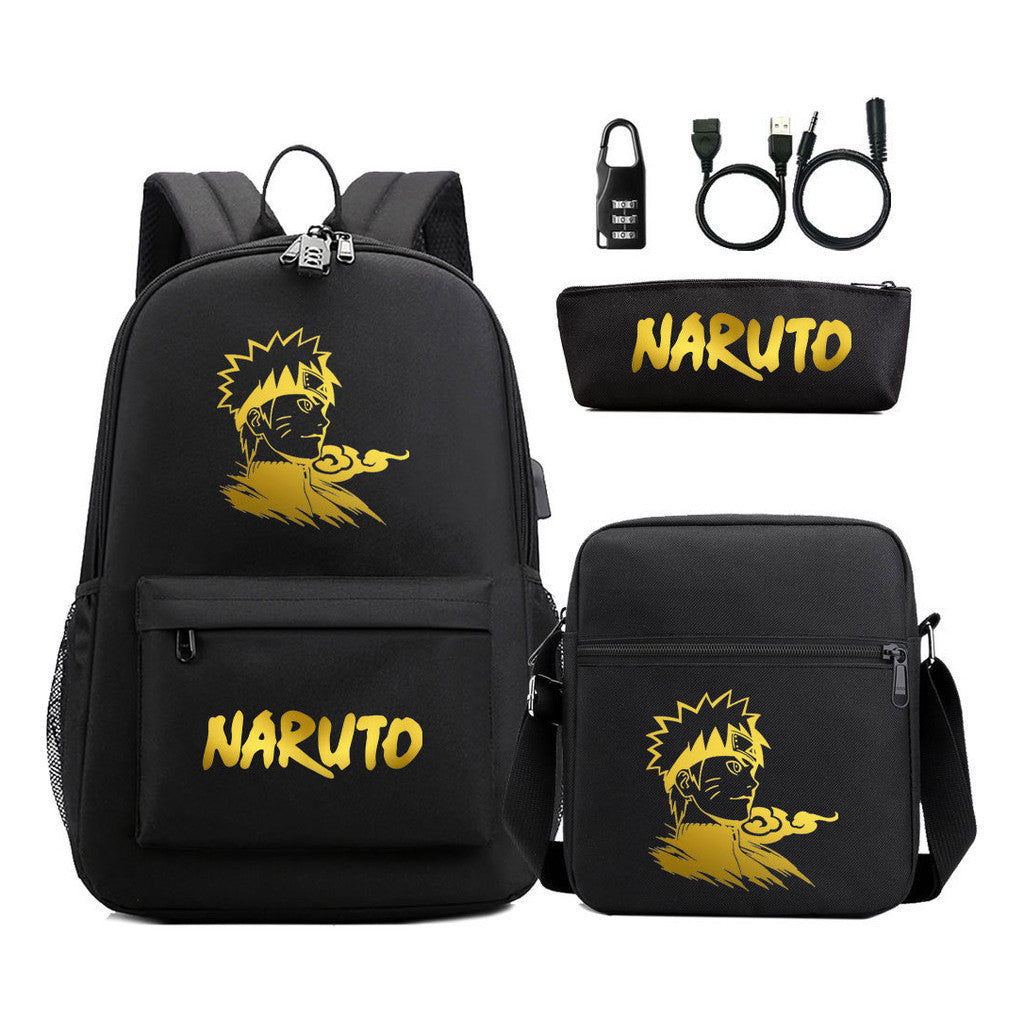 Golden Naruto Usb Password Lock Teenage Student School Bag Three Piece Backpack Set