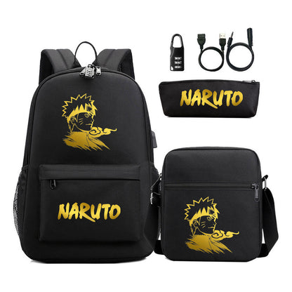 Golden Naruto Usb Password Lock Teenage Student School Bag Three Piece Backpack Set
