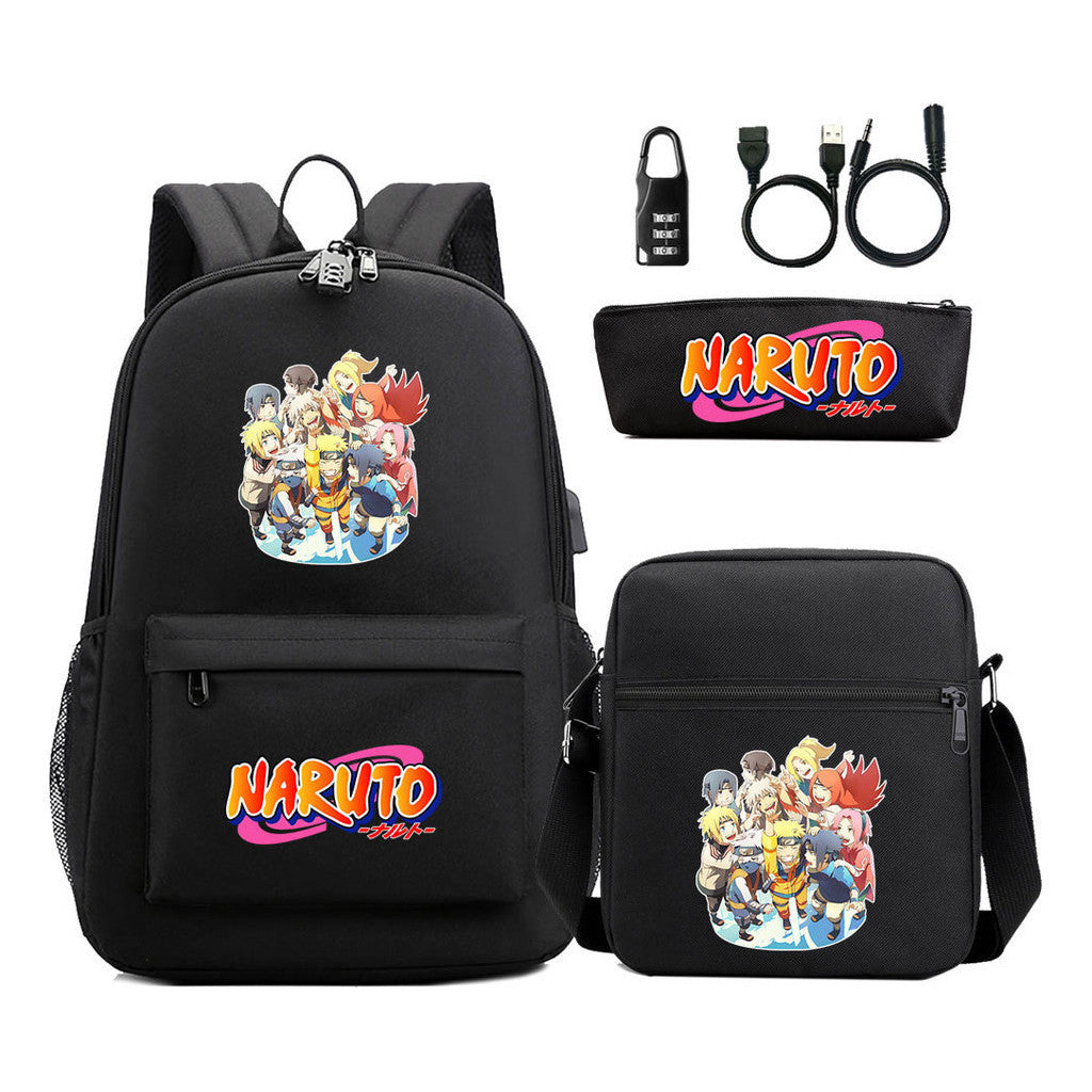 Naruto Usb Password Lock Youth Student Backpack Three Piece Set For Men And Women Backpacks