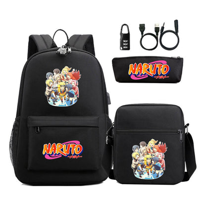 Naruto Usb Password Lock Youth Student Backpack Three Piece Set For Men And Women Backpacks