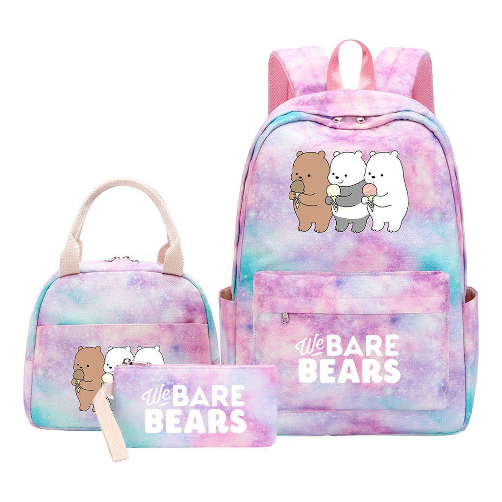 Cartoon Cute Three Bears Youth Student Girls School Bag Lunch Bag Three Piece Set Backpack Set