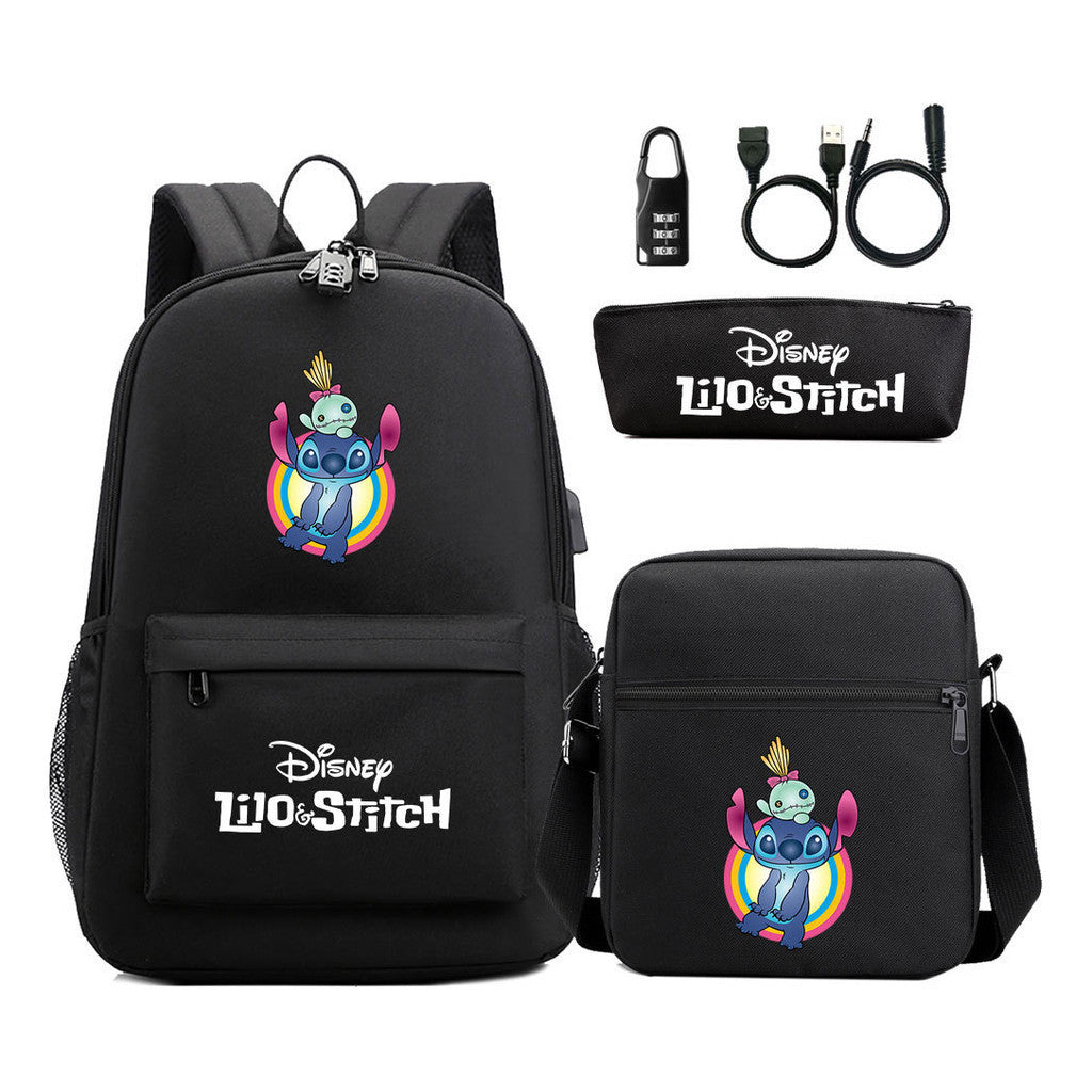 Interstellar Baby Stitch Usb Password Lock Youth Backpack 3-piece Set For Men And Women Backpacks