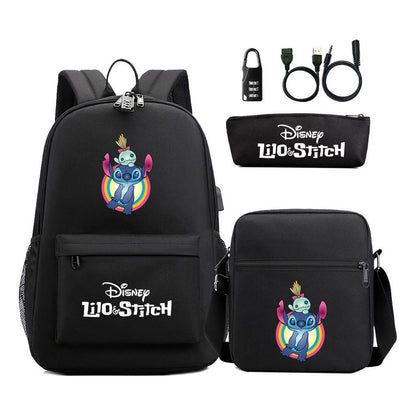Interstellar Baby Stitch Usb Password Lock Youth Backpack 3-piece Set For Men And Women Backpacks