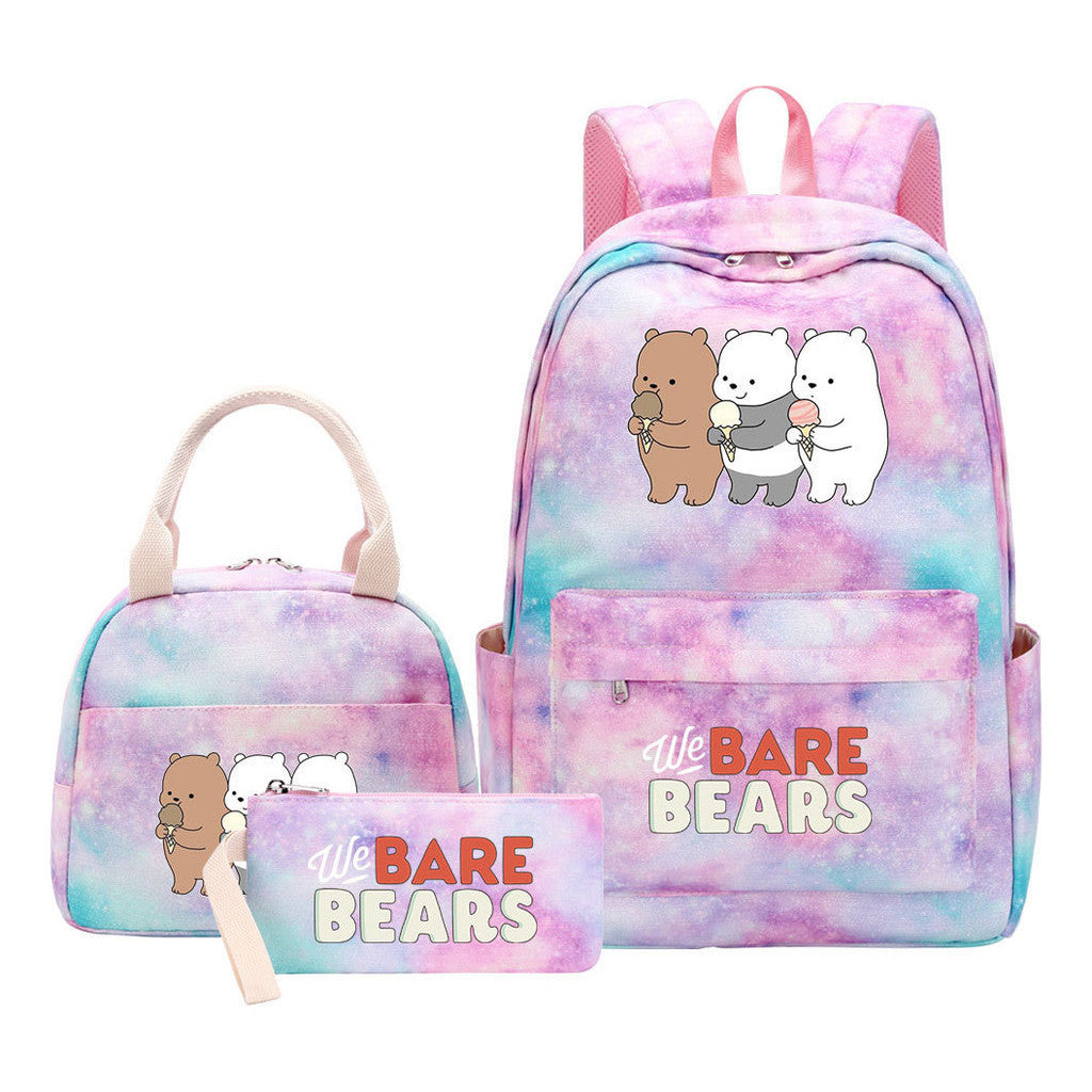 Cartoon Cute Three Bears Youth Student Girls School Bag Lunch Bag Three Piece Set Backpack Set