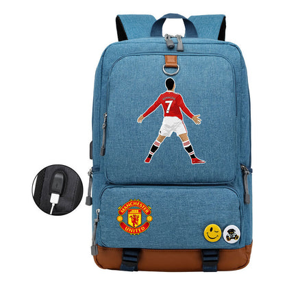 Football Star Cristiano Ronaldo Printed Usb Student Backpack For Leisure Travel Backpack