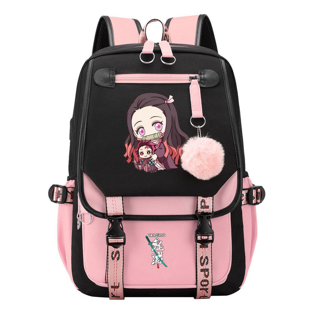 Cartoon Fashion Usb Youth Student Backpack Boy's And Girl's Leisure Ribbon Flip Backpack