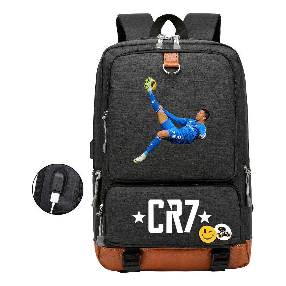 Football Star Cristiano Ronaldo Printed Usb Student Backpack For Leisure Travel Backpack