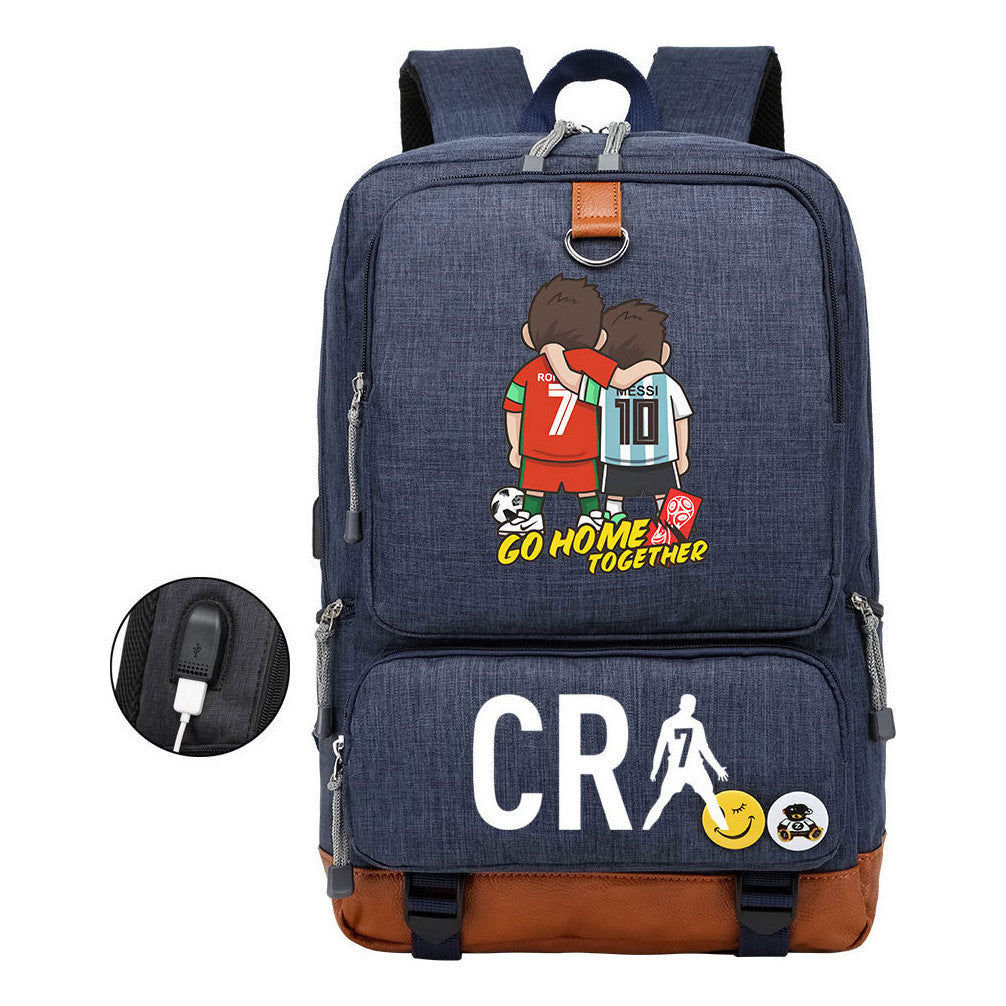 Football Star Cristiano Ronaldo Printed Usb Student Backpack For Leisure Travel Backpack
