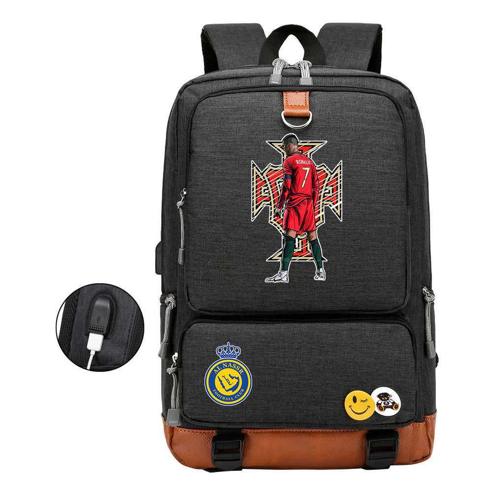 Football Star Cristiano Ronaldo Printed Usb Student Backpack Leisure Travel Backpack