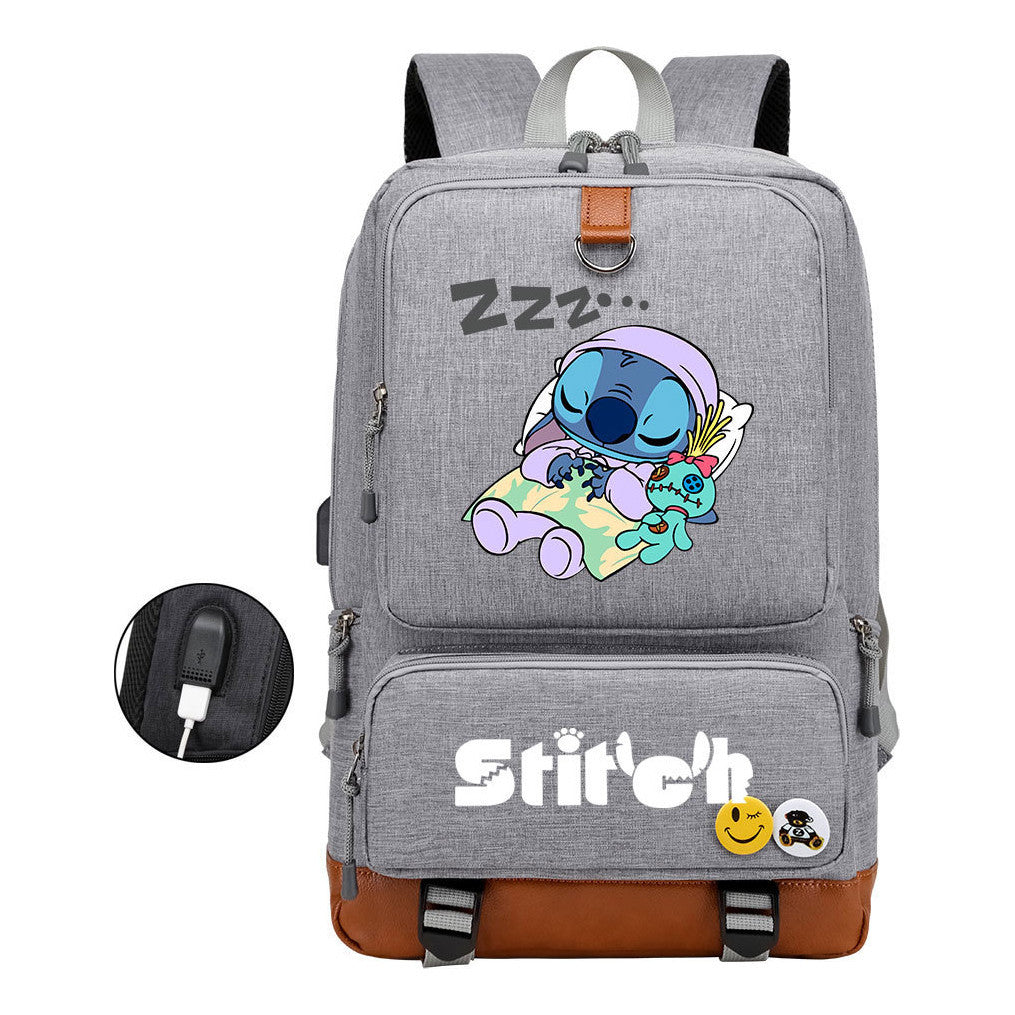 Anime Star Baby Stitch Printed Usb Youth Student Backpack For Men And Women's Leisure Travel Backpack