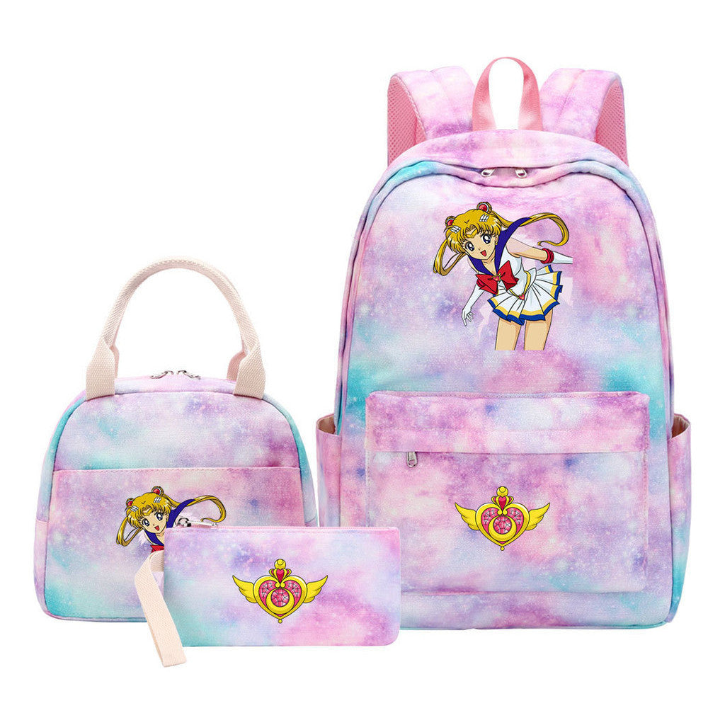 Anime Beauty Girl Warrior Girls School Bag Lunch Bag Three Piece Set Backpack Set
