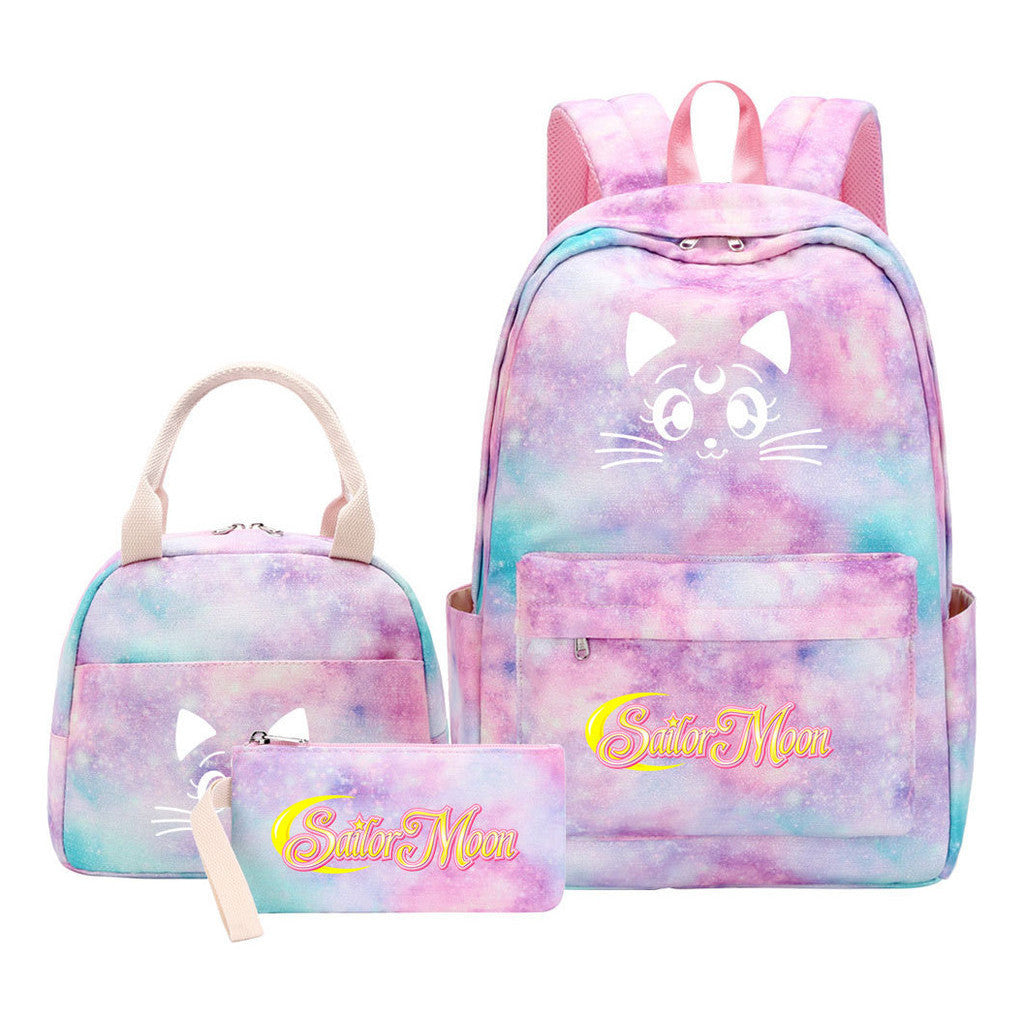 Beautiful Girl Warrior Student Schoolbag Lunch Bag Three Piece Set Backpack Cover