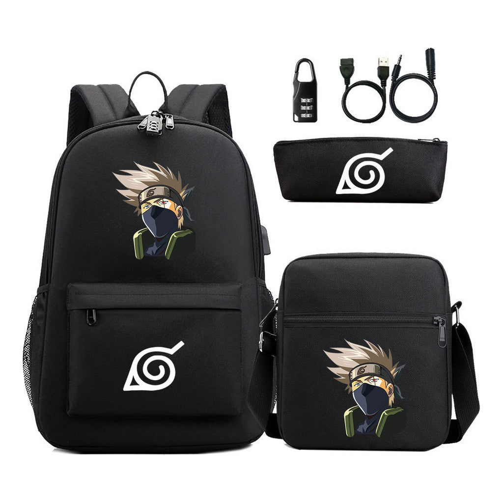 Fashionable Naruto Usb Password Lock Youth Student School Bag Three Piece Backpack Set
