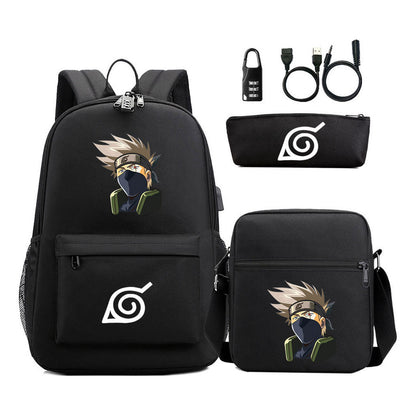 Fashionable Naruto Usb Password Lock Youth Student School Bag Three Piece Backpack Set