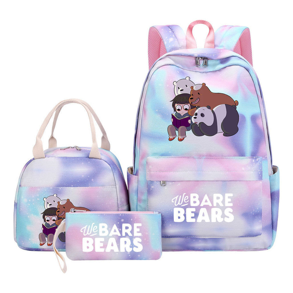 Cartoon Cute Three Bears Youth Student Girls School Bag Lunch Bag Three Piece Set Backpack Set