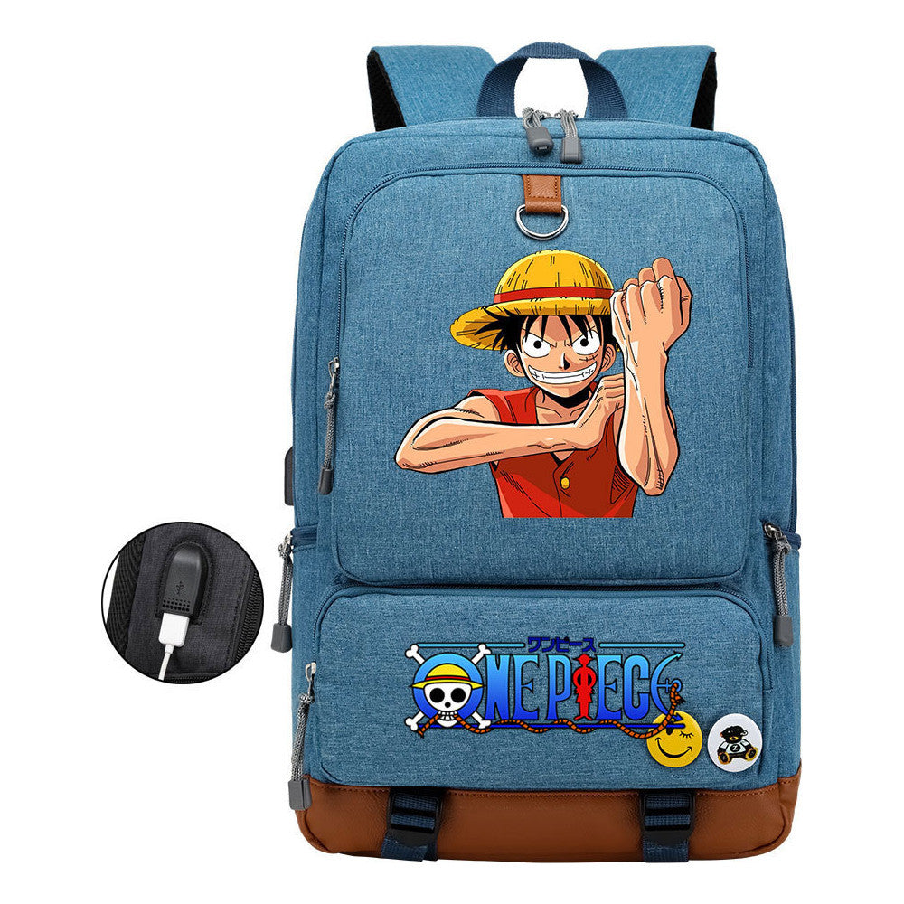 Cartoon Pirate King Print Usb Youth Backpack For Boys And Girls Leisure Travel Backpack