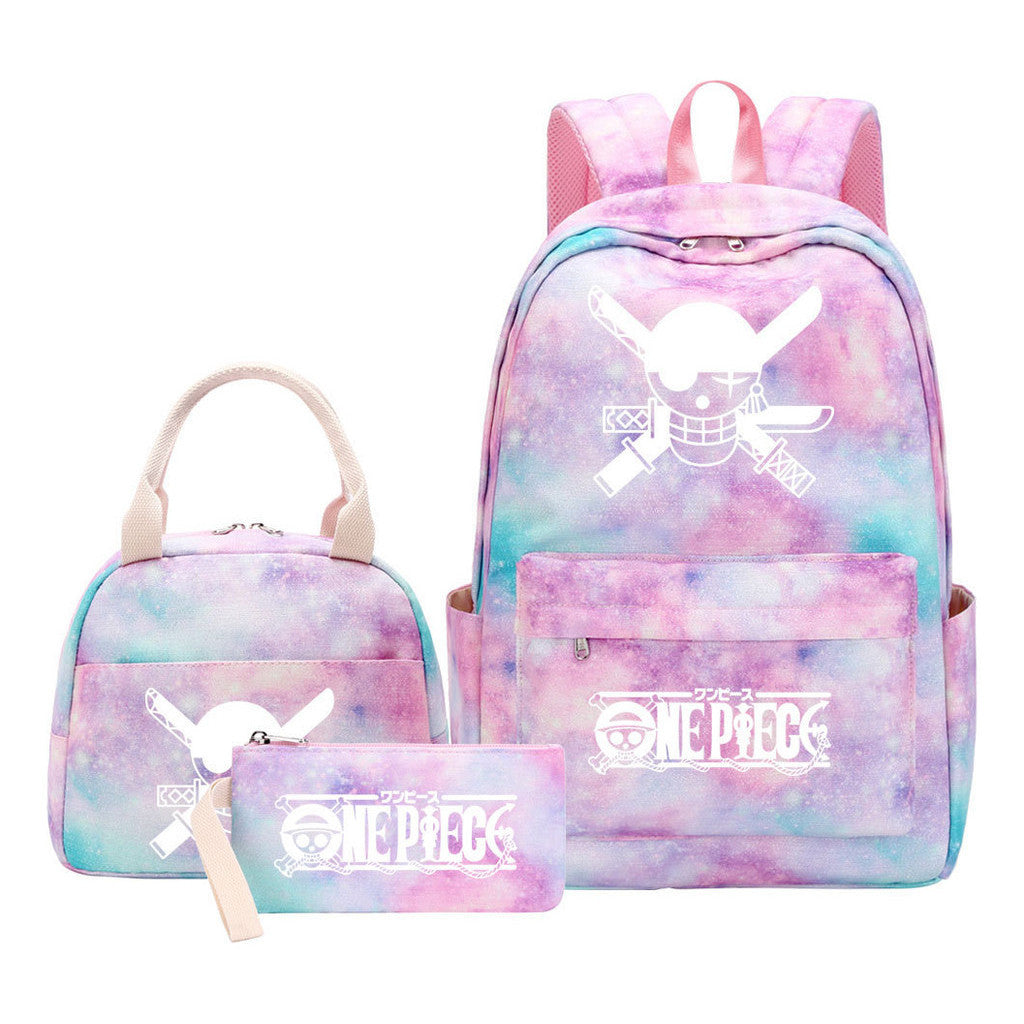 Cartoon Pirate King Youth Student Girls School Bag Lunch Bag Three Piece Set Backpack Set