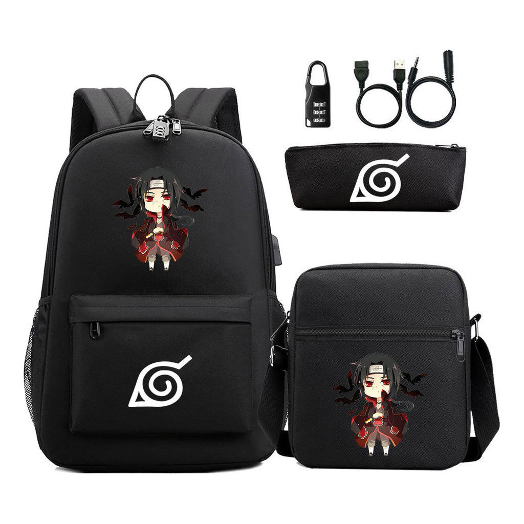 Naruto Usb Password Lock Youth Student Backpack Three Piece Set For Men And Women Backpack Set