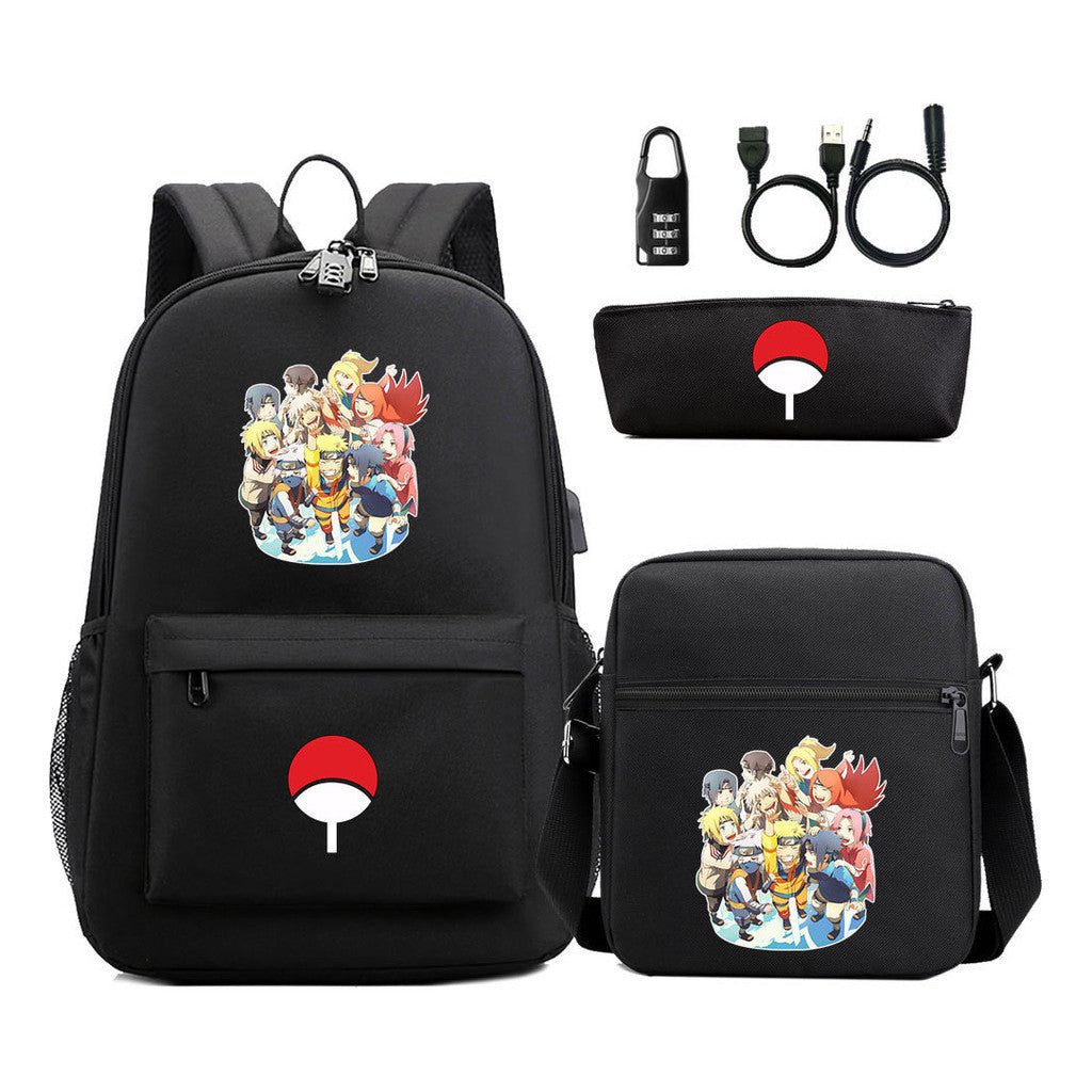 Naruto Usb Password Lock Youth Student Backpack Three Piece Set Backpack Set