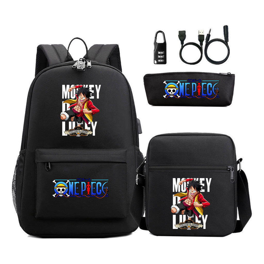 Cartoon Pirate King Usb Password Lock Youth Student Backpack Three Piece Set Backpack