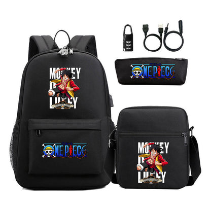 Cartoon Pirate King Usb Password Lock Youth Student Backpack Three Piece Set Backpack
