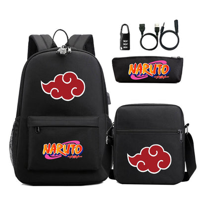 Naruto Usb Password Lock Youth Student Backpack Three Piece Set For Men And Women Backpacks