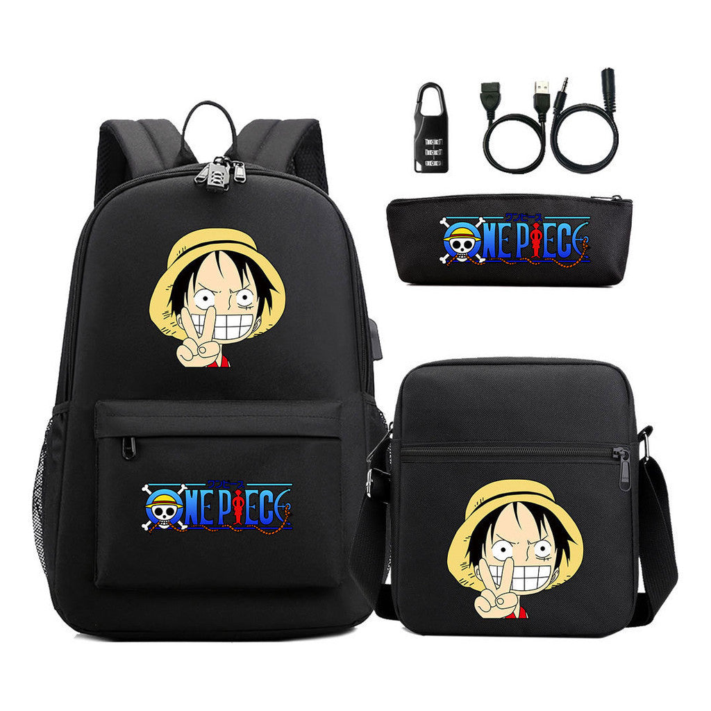 Cartoon Pirate King Usb Password Lock Youth Student Backpack Three Piece Set Backpack