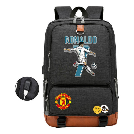 Football Star Cristiano Ronaldo Printed Usb Student Backpack For Leisure Travel Backpack