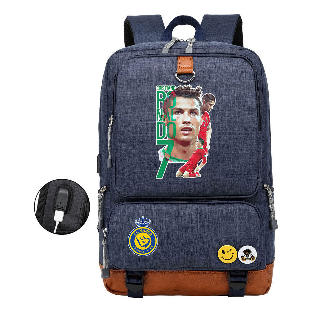 Football Star Cristiano Ronaldo Printed Usb Student Backpack Leisure Travel Backpack