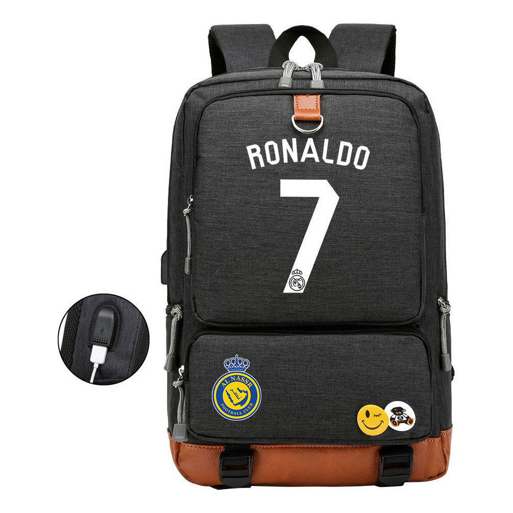 Football Star Cristiano Ronaldo Printed Usb Student Backpack Leisure Travel Backpack