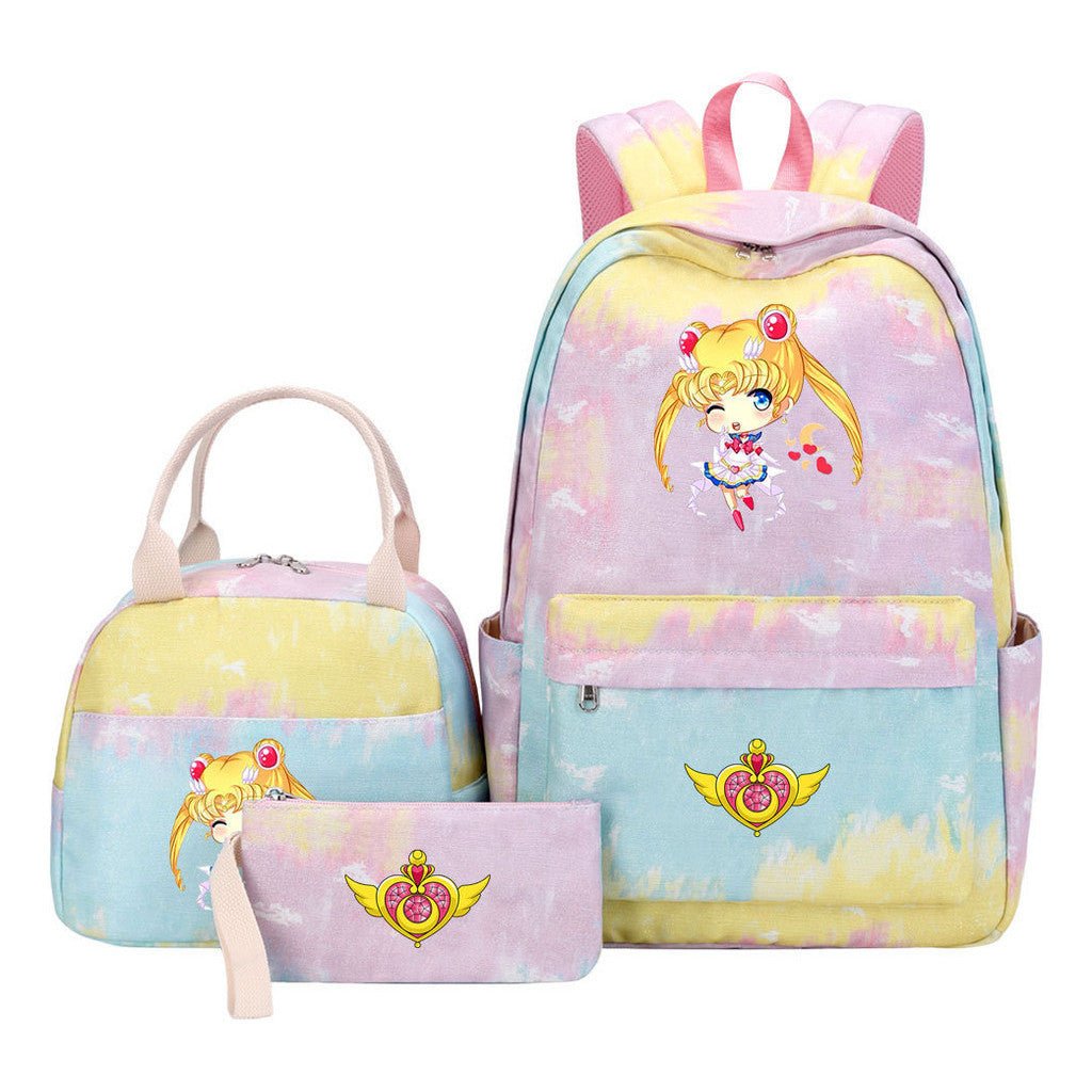 Anime Beauty Girl Warrior Girls School Bag Lunch Bag Three Piece Set Backpack Set