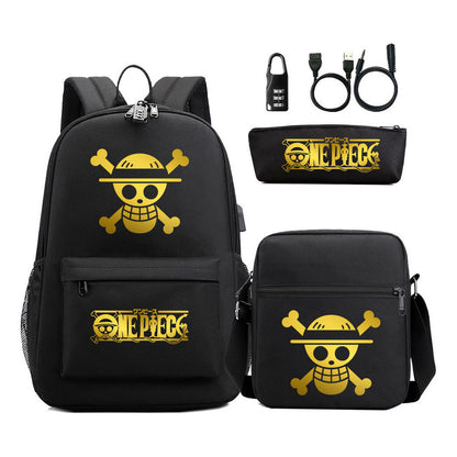 Golden Pirate King Usb Password Lock Youth Student Backpack Set Of Three Pieces, Men's And Women's Backpack Set