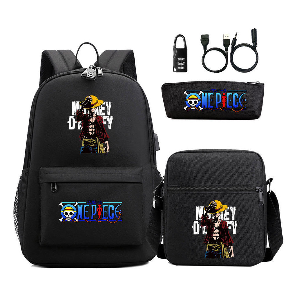 Cartoon Pirate King Usb Password Lock Youth Student Backpack Three Piece Set Backpack
