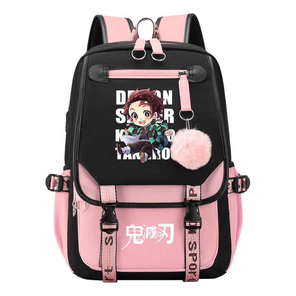 Cartoon Fashion Usb Youth Student Backpack Boy's And Girl's Leisure Ribbon Flip Backpack