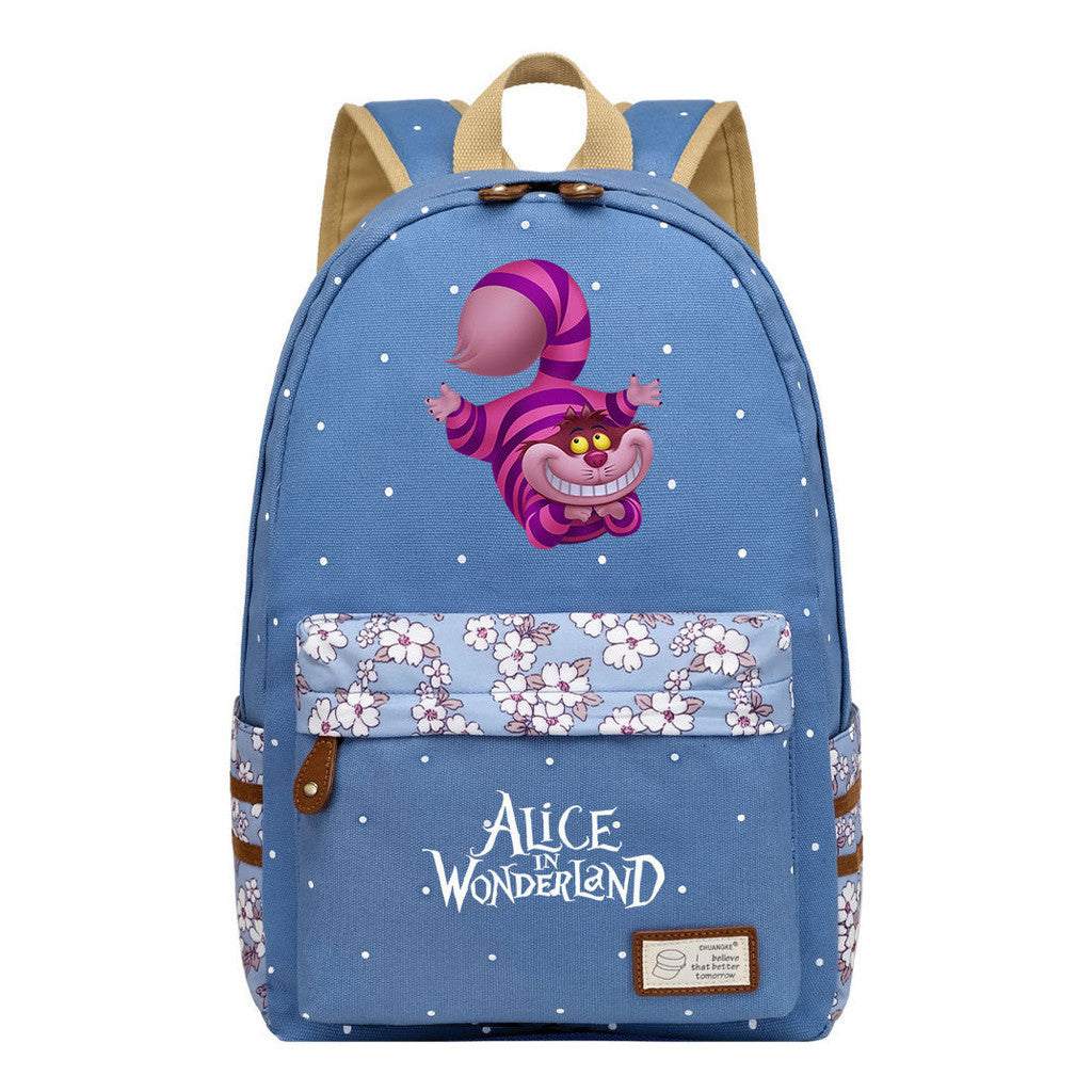 Anime Cartoon Cheshire Cat Print Student Backpack, Floral Casual Backpack