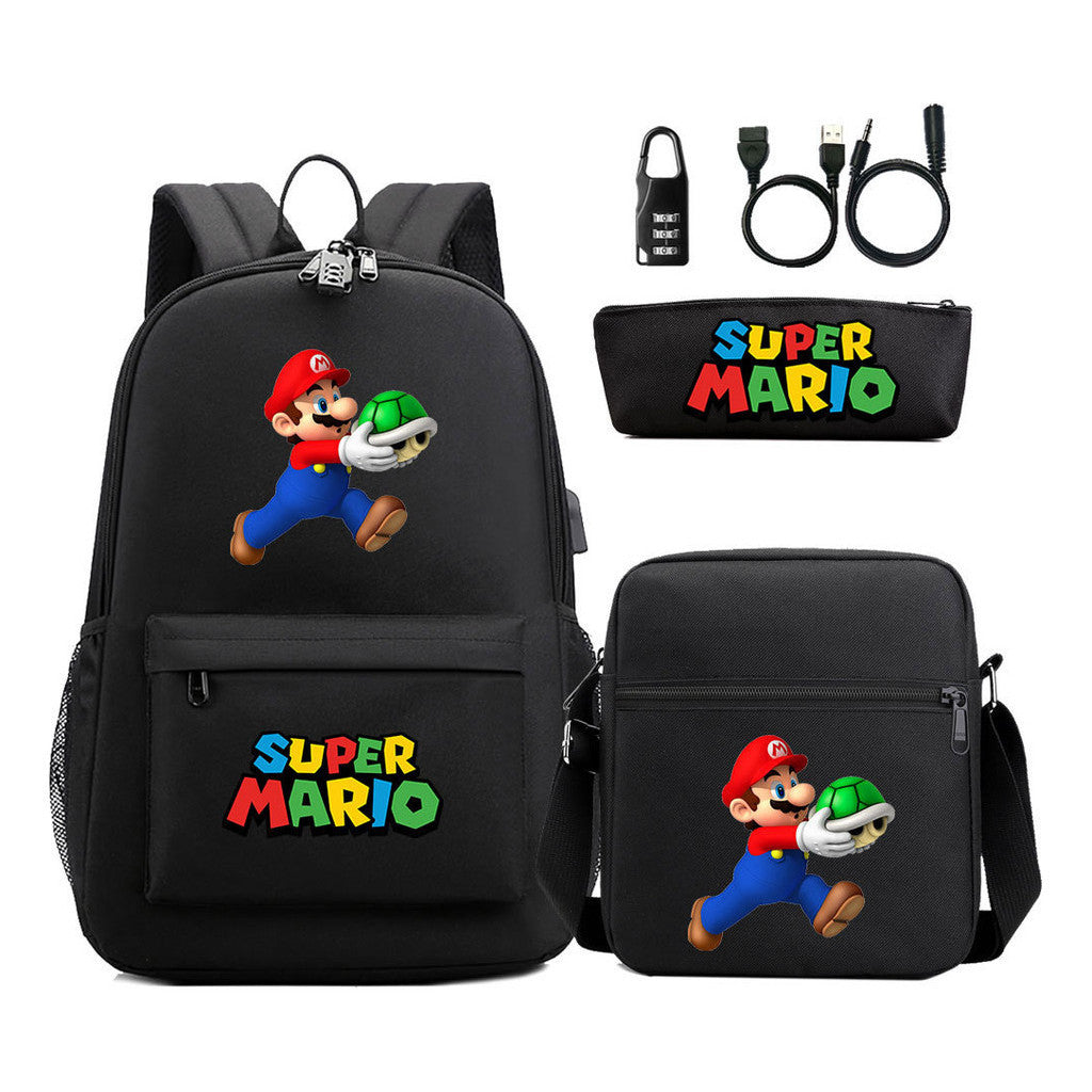 Super Mario Usb Password Lock Youth Student Backpack 3-piece Set For Men And Women Backpacks