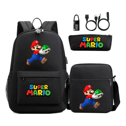 Super Mario Usb Password Lock Youth Student Backpack 3-piece Set For Men And Women Backpacks