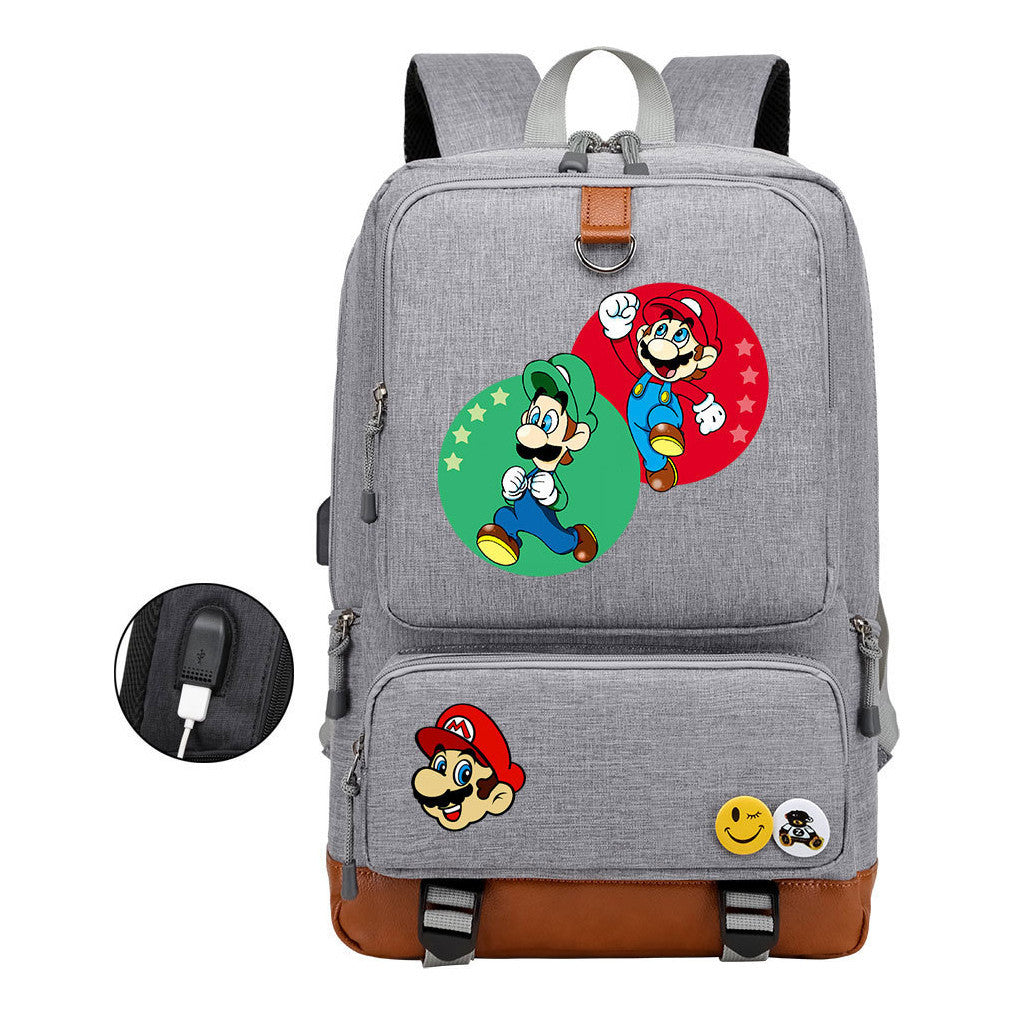 Super Mario Printed Usb Youth Student Backpack For Leisure Travel Backpack