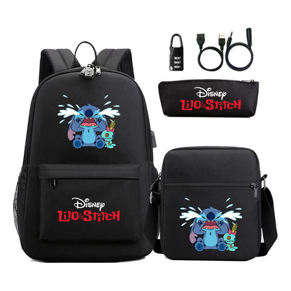 Interstellar Baby Stitch Usb Password Lock Youth Student Backpack 3-piece Set For Men And Women Backpacks