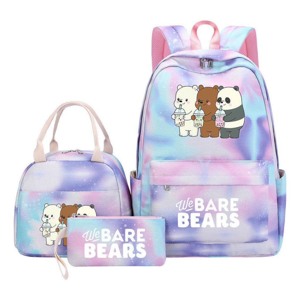 Cartoon Cute Three Bears Youth Student Girls School Bag Lunch Bag Three Piece Set Backpack Set