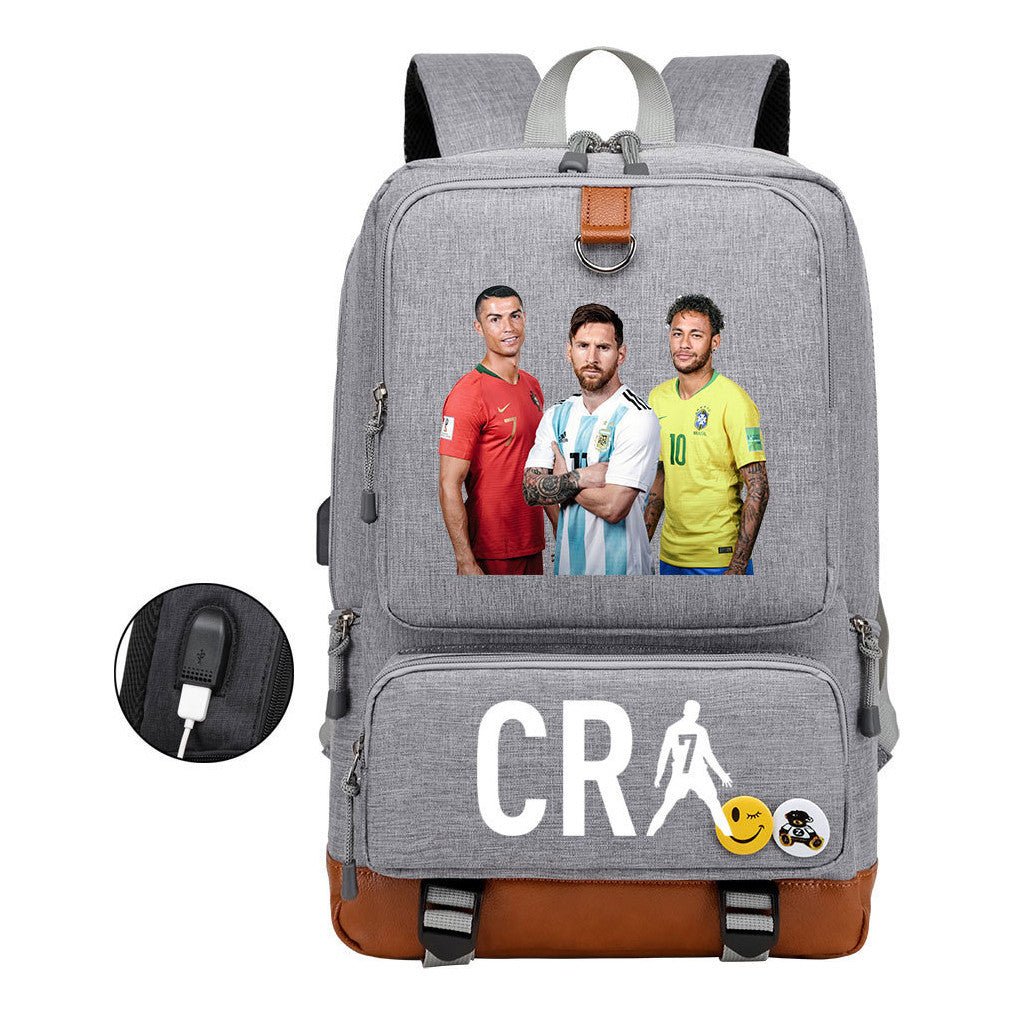Football Star Cristiano Ronaldo Printed Usb Student Backpack For Leisure Travel Backpack