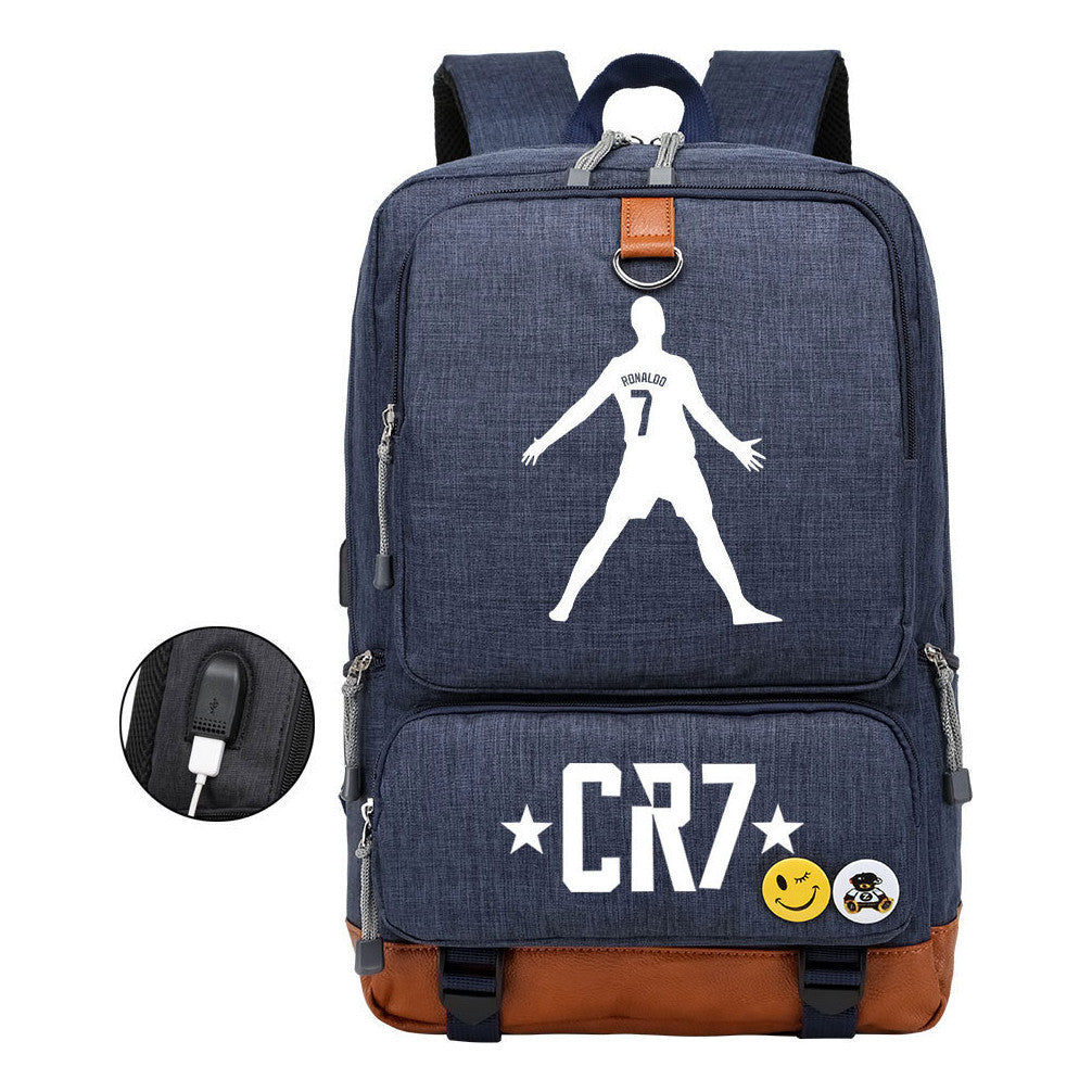 Football Star Cristiano Ronaldo Printed Usb Student Backpack For Boys And Girls Leisure Travel Backpack