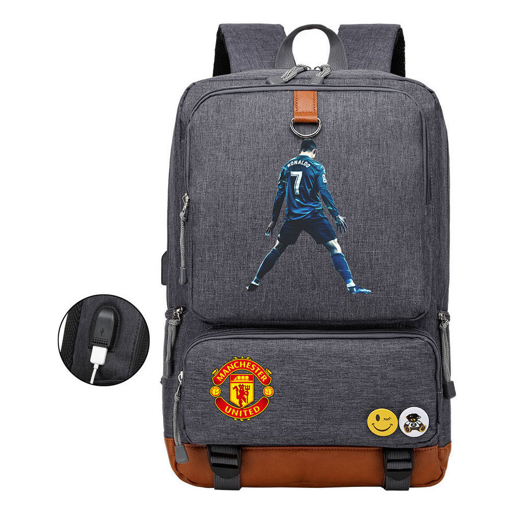 Football Star Cristiano Ronaldo Printed Usb Youth Student Backpack For Leisure Travel Backpack